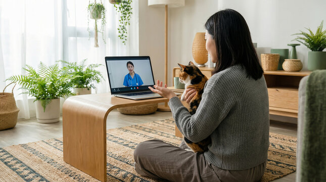 Veterinary Telemedicine: Asian woman consulting veterinarian online via laptop video call holds calico cat. Remote pet healthcare service at home..