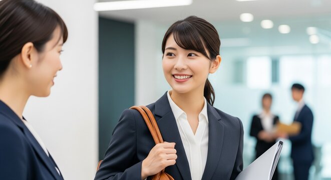 朝の出勤時に同僚と笑顔で会話する20代日本人女性社員