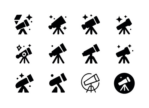 Curiosity Logos Collection. Curiosity. Icon set. Set Logo of Curiosity: telescope pointing toward stars. harmonious logo variations of the same emblematic