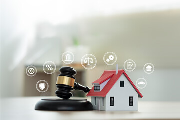 Property Law. Real Estate Arbitration Law. Gavel and Miniature House on Wooden Table. housing...