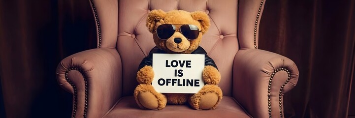Stylish teddy bear with sunglasses and leather jacket holds "Love is Offline" sign, expressing an anti-Valentine's Day sentiment.