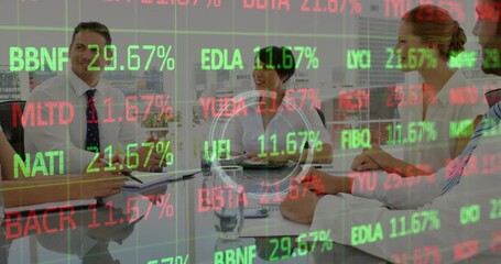 Stock market data processing against group of diverse businesspeople discussing in meeting room - Powered by Adobe