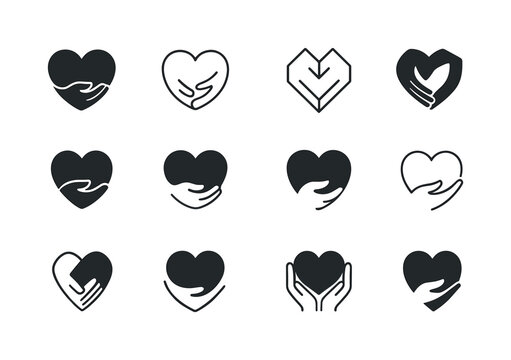 Caring Heart Icons. The act of caring and nurturing loved ones. Icon set. Set Logo of the act of caring and nurturing loved ones: heart embraced by hands.
