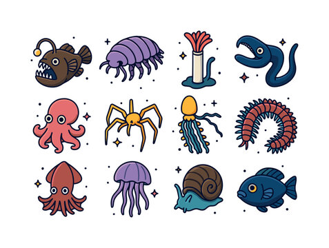 Colorful Sea Creature Icons. Deep-Sea Organisms. Colorful isometric vector icons set of Deep-Sea Organisms: anglerfish, giant isopod, tube worm, gulper eel,