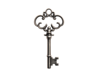Top-Down Flat Lay of Ornate Vintage Silver Key, Mystery and Heritage Concept, Isolated