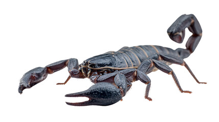 Closeup of a dark grey scorpion isolated on transparent background with raised tail