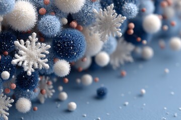 Close-up of fluffy blue and white winter decorations with snowflakes image photo