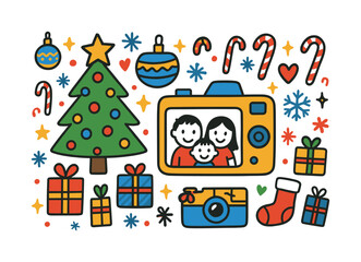 Naklejka premium Festive Family Doodles. Holiday Snapshot. Colorful Hand-drawn doodle Children illustration Christmas tree, camera, family group icons, baubles, gifts, stars,