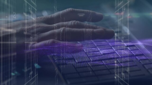 Animation of data processing over woman wearing face mask