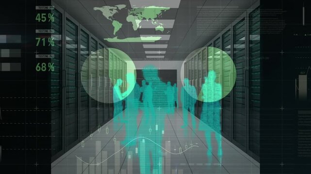 Animation of statistics and financial data processing over empty office