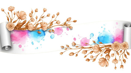 Luxurious golden wallpaper. Banner with flowers. Watercolor pink, blue, lilac spots on a white background. Shiny flowers and twigs. Vector file.