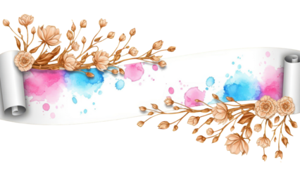 Luxurious golden wallpaper. Banner with flowers. Watercolor pink, blue, lilac spots on a white background. Shiny flowers and twigs. Vector file.