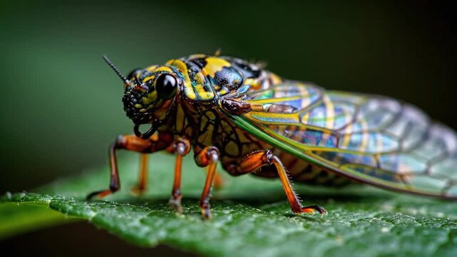 A vibrant cicada perched on a green leaf, viewed from a close-up perspective, showcasing its intricate wings and colorful body