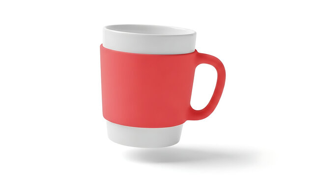 A single red and white ceramic coffee mug with a handle is isolated on a blank white background as a 3d porcelain object for a morning drink - Powered by Adobe