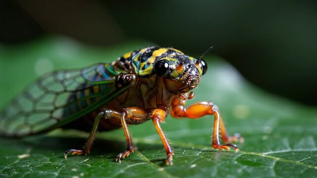 A close-up of a cicada perched on a green leaf, showcasing its vibrant wings and orange legs in a natural outdoor setting from a frontal viewpoint
