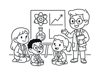 Kids' Science Discussion. Science meeting children?s coloring book illustration, outlined drawing, a small group discussing basic diagrams on a poster board,