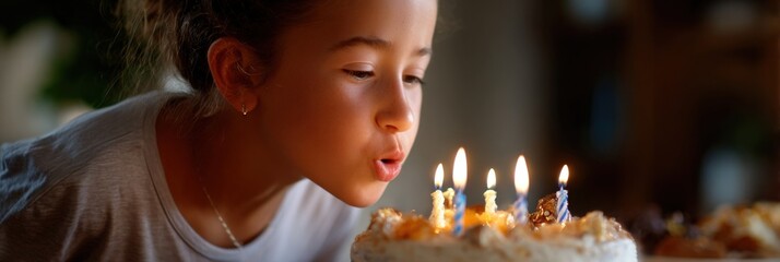 Young caucasian girl blowing out birthday candles on cake
