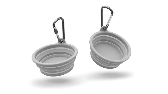 Isolated closeup of 3d rendered silver jewelry and a black plastic bottle alongside stainless steel kitchen utensils including a frying pan and saucepan on white - Powered by Adobe