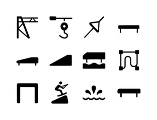 Cable Park Icons. Cable park wakeboarding. Solid icon set of Cable park wakeboarding: cable tower, pulley system, handle rope, starting dock, slider rail,