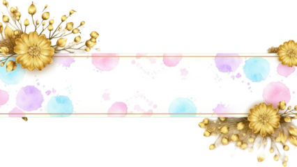 Luxurious golden wallpaper. Banner with flowers. Watercolor pink, blue, lilac spots on a white background. Shiny flowers and twigs. Vector file.