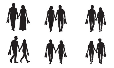 Silhouettes of couples holding hands and carrying shoes, walking together, representing love, romance, and shared journeys.