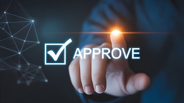 Hand approving concept with glowing approve button and checkmark on dark background