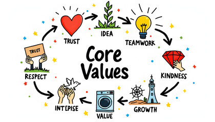 Core Values Concept Illustration with Trust, Integrity, Teamwork, Respect, Growth and Kindness Icons on White Background