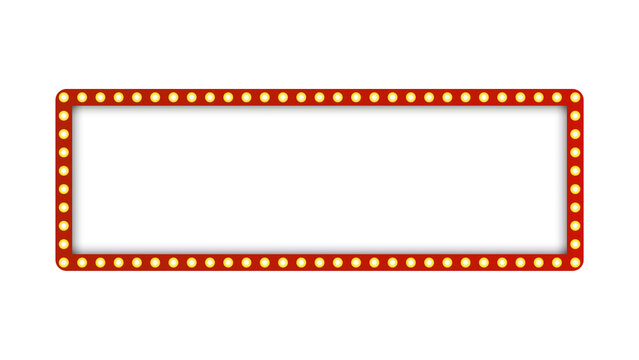 Red frame gold border light glow retro advertising sign on white background.