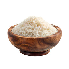 Wooden bowl filled with cooked white rice, isolated on transparent background