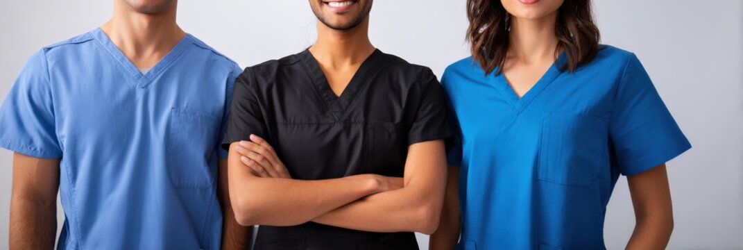 Diverse medical professionals with confident smiles in blue and black scrubs