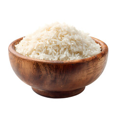 Wooden bowl filled with cooked white rice, isolated on transparent background