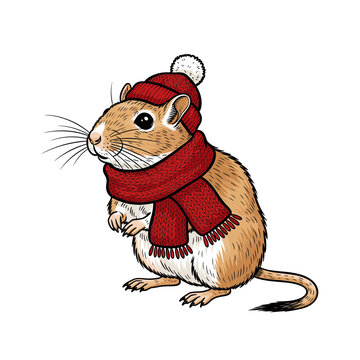 Small rodent wearing red knit hat and scarf. Isolated transparent background ( include cut-out PNG file )