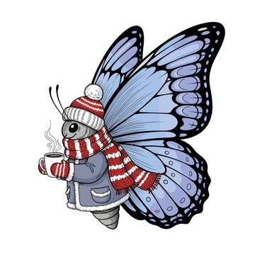 Butterfly wearing winter coat striped hat and scarf holding steaming mug. Isolated transparent background ( include cut-out PNG file )