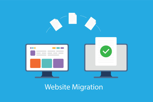 Website Migration Concept Illustration with Data Transfer and Successful Approval on Computer Screens