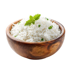 Wooden bowl filled with cooked white rice, isolated on transparent background