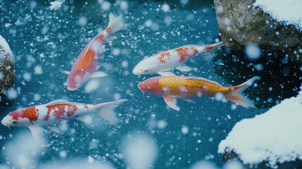 Colorful koi fish in a snowy pond