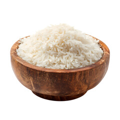 Wooden bowl filled with cooked white rice, isolated on transparent background