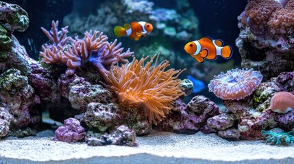 Colorful clownfish in a vibrant coral reef aquarium
