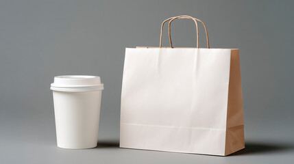 White paper bag and disposable coffee cup set on grey background. Items are blank for custom branding and design. Useful for food and beverage service
