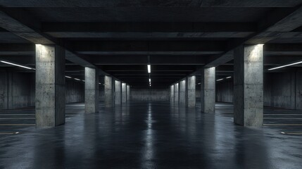 Dark, empty underground parking garage.  Concrete pillars,  reflective floor,  lighting accents
