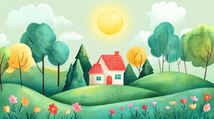 A whimsical, colorful illustration of a small, cozy house nestled in a verdant landscape. Lush hills, trees, and flowers surround it. A bright sun shines above