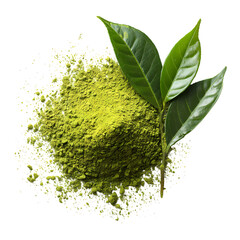 Matcha Powder with Fresh Tea Leaves isolated on transparent background