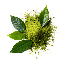 Matcha Powder with Fresh Tea Leaves isolated on transparent background