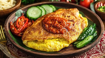 Savory, golden-brown, egg crepe, topped with a spicy sauce, served with fresh vegetables