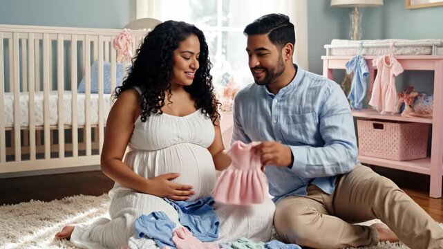 Happy pregnant couple sitting in a nursery looking at baby clothes. Expecting parents holding blue and pink outfits while preparing for parenthood. Family love concept