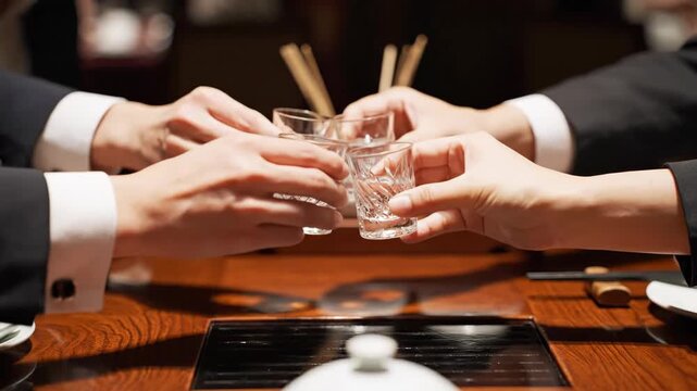 Business people toasting with sake glasses in a Japanese restaurant. Colleagues celebrating a successful deal at a corporate dinner. Celebration and teamwork concept