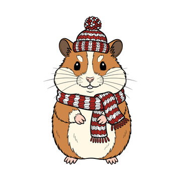 Adorable hamster wearing red striped knit hat and scarf. Isolated transparent background ( include cut-out PNG file )