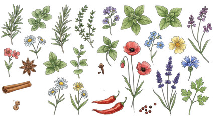 Hand drawn vector watercolor set of herbs, wildflowers and spices.