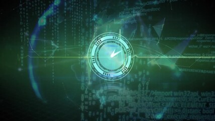 Animation of ticking clock and heart rate monitor over globe of plexus networks on green background - Powered by Adobe