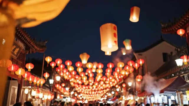 Crowded street celebrating Chinese New Year at night with glowing red lanterns. People releasing floating sky lanterns during a traditional Asian festival. Vibrant cultural holiday in China